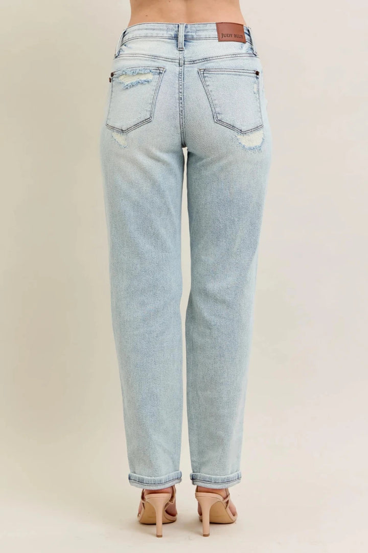 Judy Blue Plus Size Mr. Repair Stitch Detail Distressed Boyfriend Jeans - AMVIM