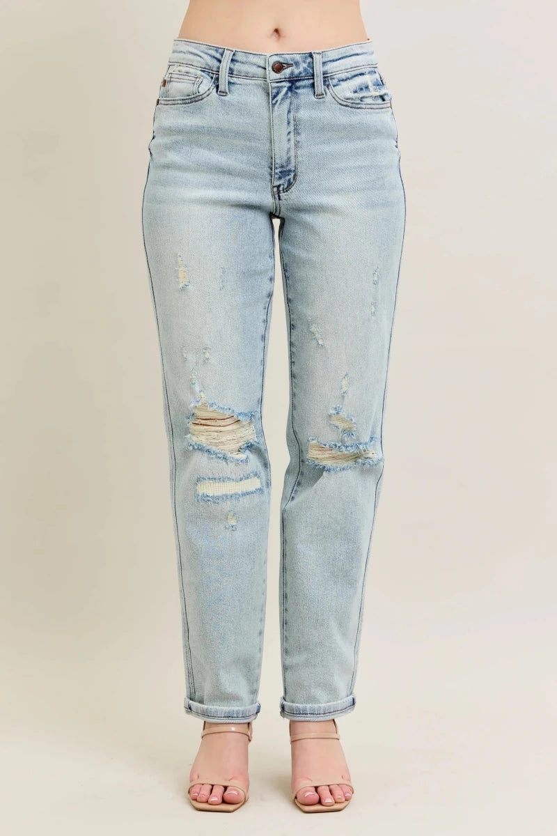 Judy Blue Plus Size Mr. Repair Stitch Detail Distressed Boyfriend Jeans - AMVIM