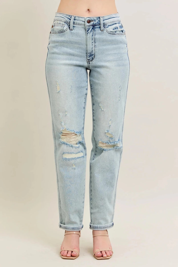 Judy Blue Plus Size Mr. Repair Stitch Detail Distressed Boyfriend Jeans - AMVIM