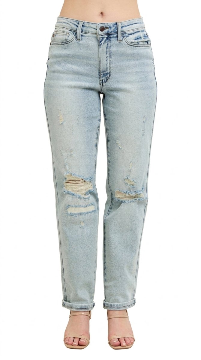 Judy Blue Plus Size Mr. Repair Stitch Detail Distressed Boyfriend Jeans - AMVIM