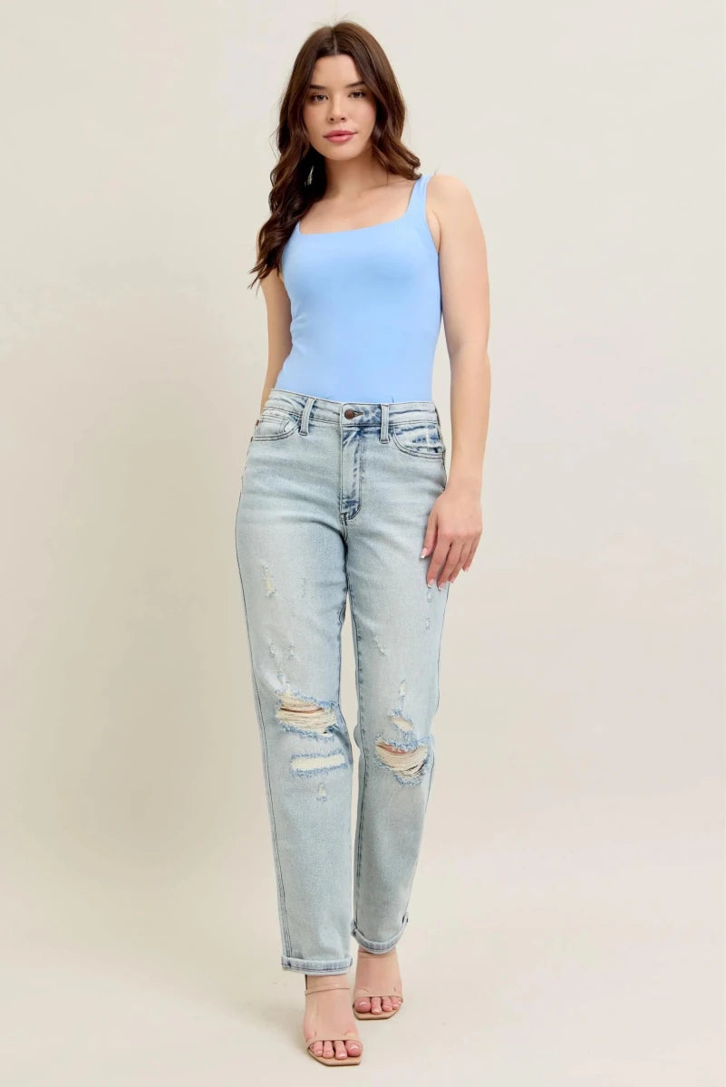 Judy Blue Plus Size Mr. Repair Stitch Detail Distressed Boyfriend Jeans - AMVIM