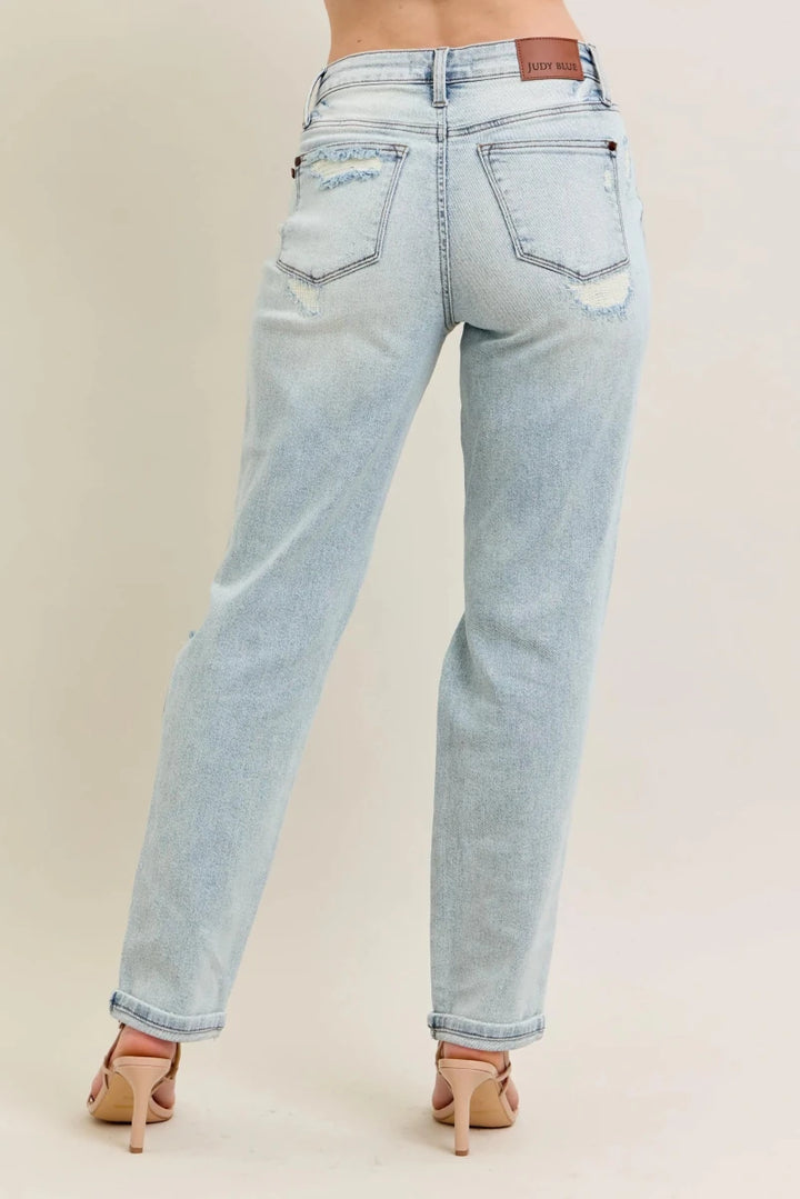 Judy Blue Plus Size Mr. Repair Stitch Detail Distressed Boyfriend Jeans - AMVIM