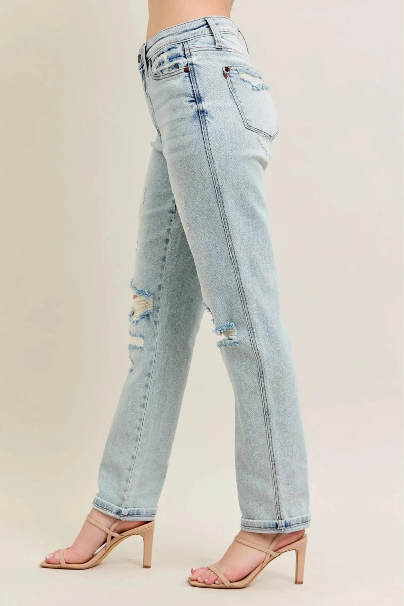 Judy Blue Plus Size Mr. Repair Stitch Detail Distressed Boyfriend Jeans - AMVIM