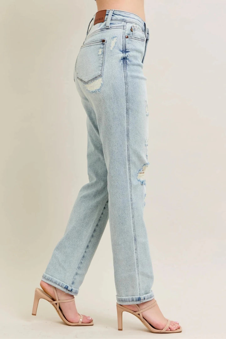 Judy Blue Plus Size Mr. Repair Stitch Detail Distressed Boyfriend Jeans - AMVIM