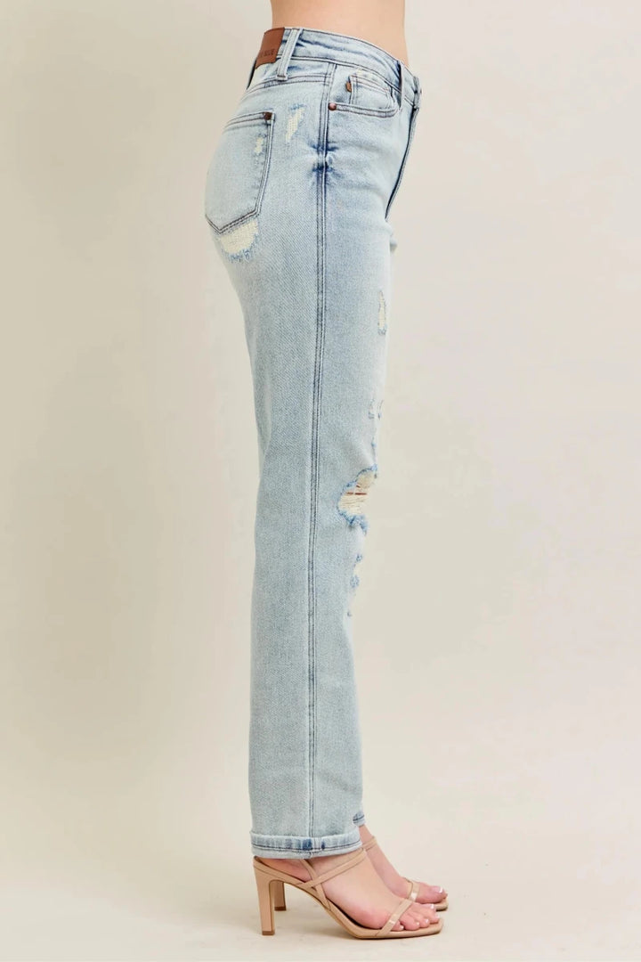 Judy Blue Plus Size Mr. Repair Stitch Detail Distressed Boyfriend Jeans - AMVIM
