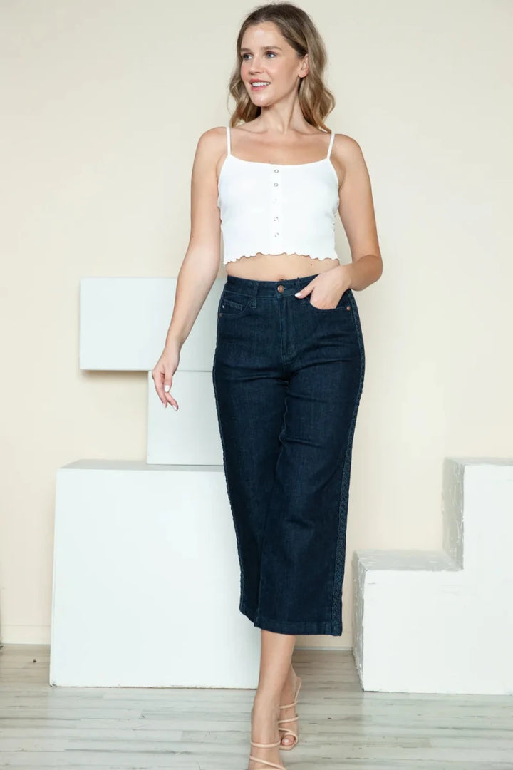 Judy Blue Plus Size Side Seam Braided Crop Wide Leg Jeans - AMVIM