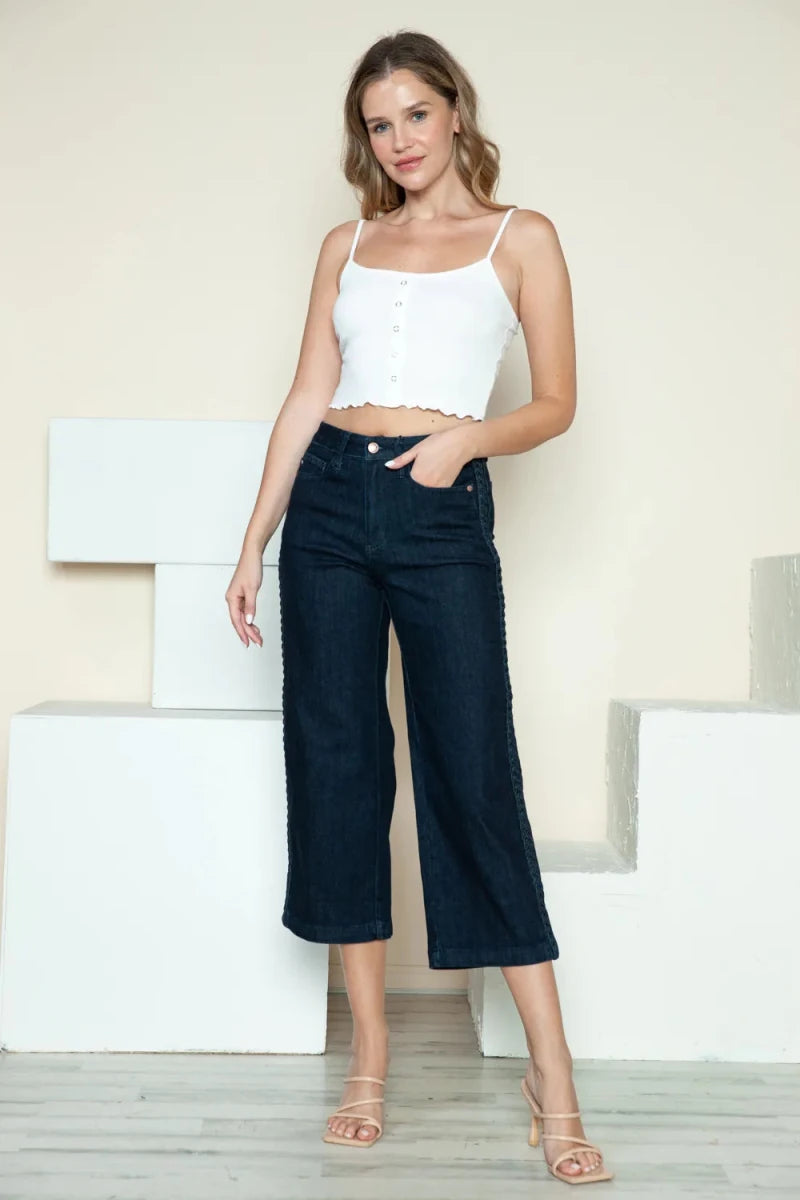 Judy Blue Plus Size Side Seam Braided Crop Wide Leg Jeans - AMVIM
