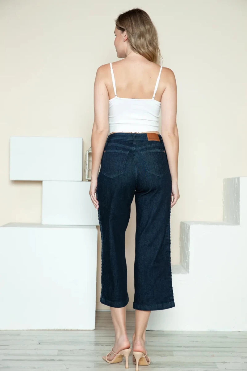 Judy Blue Plus Size Side Seam Braided Crop Wide Leg Jeans - AMVIM