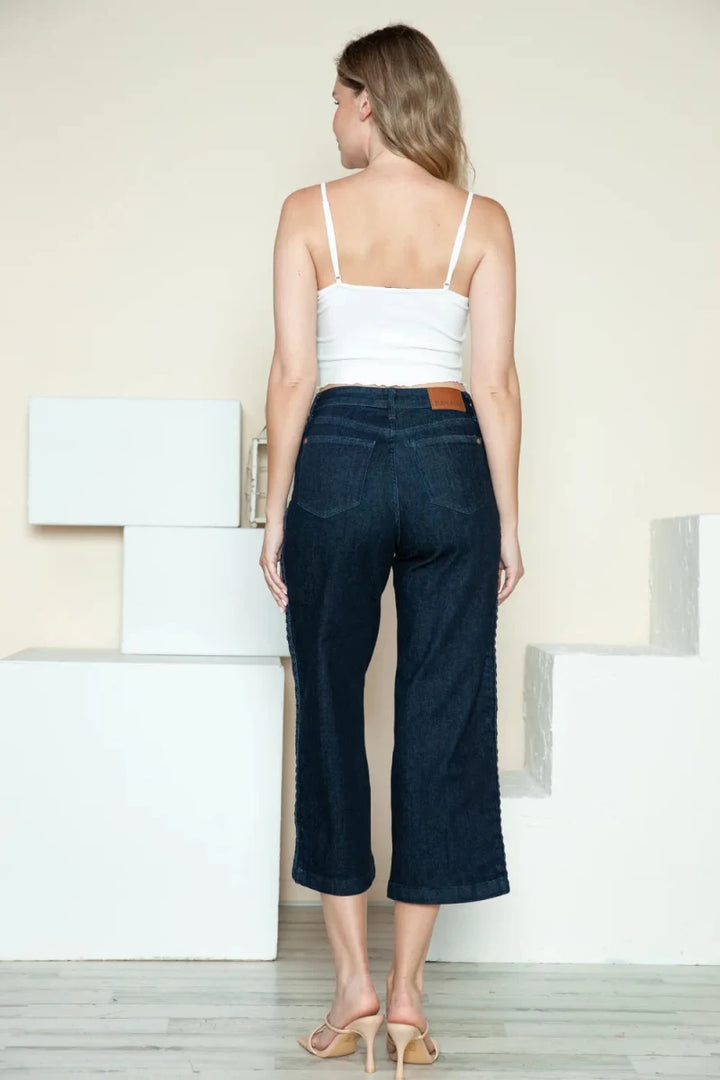 Judy Blue Plus Size Side Seam Braided Crop Wide Leg Jeans - AMVIM