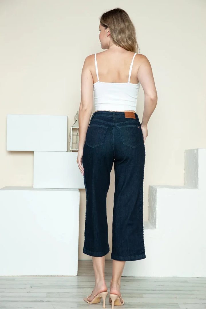 Judy Blue Plus Size Side Seam Braided Crop Wide Leg Jeans - AMVIM