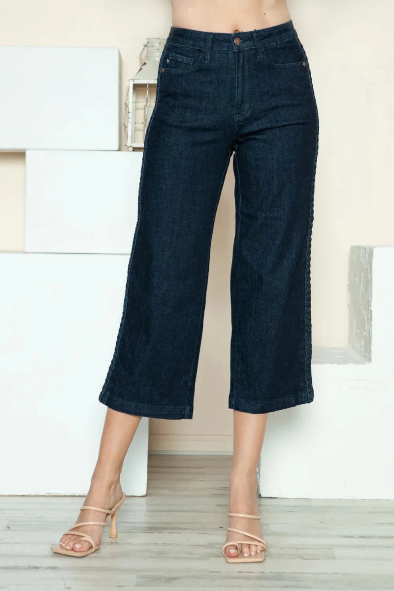 Judy Blue Plus Size Side Seam Braided Crop Wide Leg Jeans - AMVIM