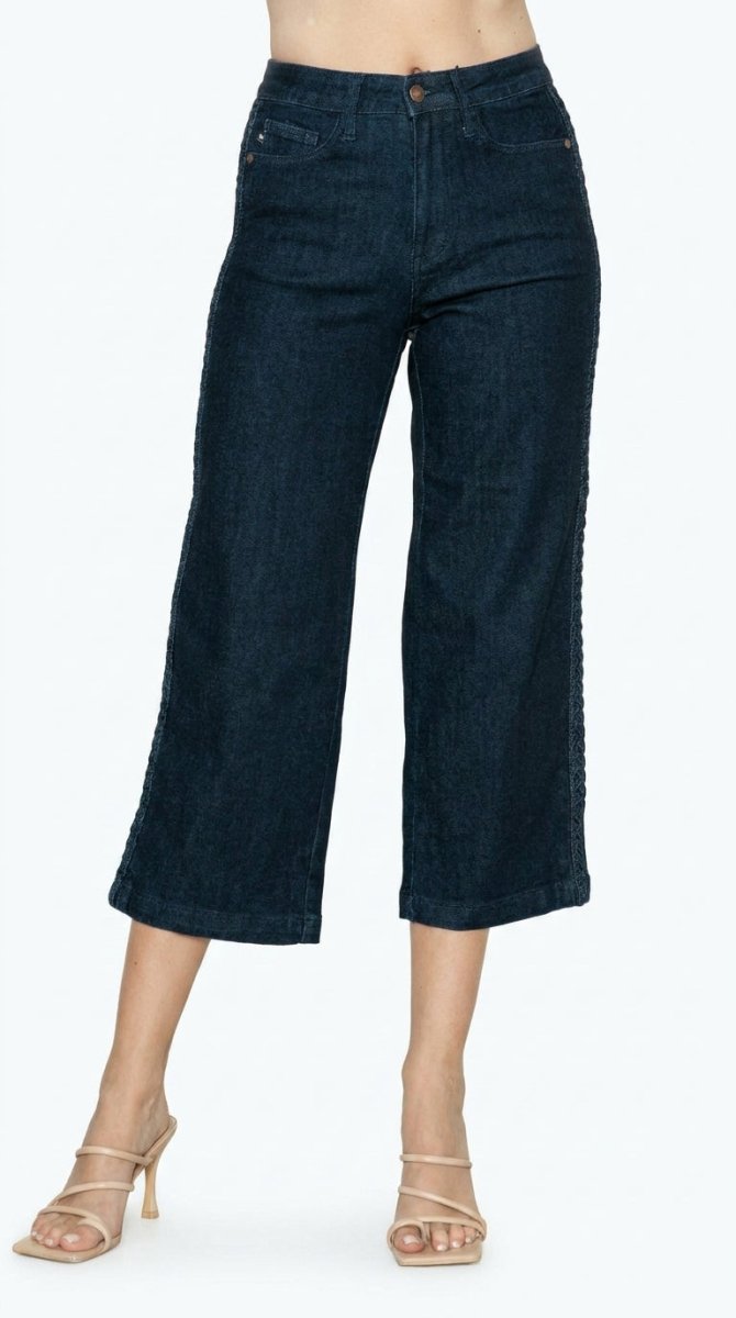Judy Blue Plus Size Side Seam Braided Crop Wide Leg Jeans - AMVIM