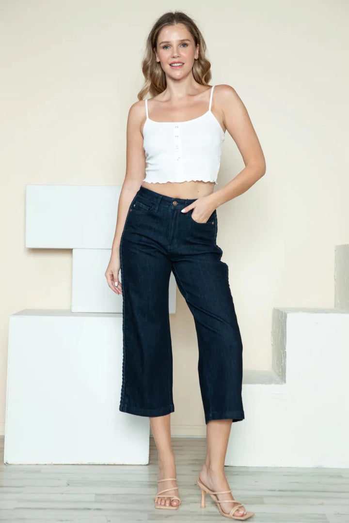 Judy Blue Plus Size Side Seam Braided Crop Wide Leg Jeans - AMVIM
