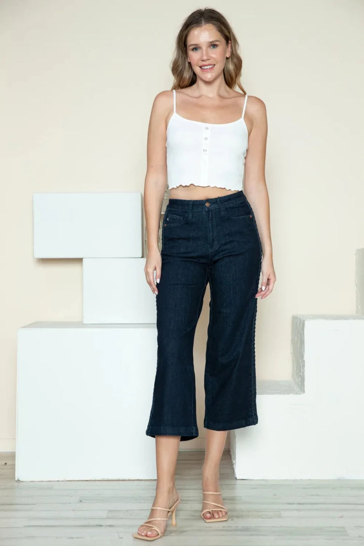 Judy Blue Plus Size Side Seam Braided Crop Wide Leg Jeans - AMVIM