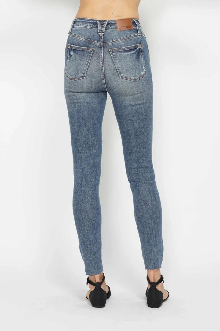 Judy Blue Plus Size Tummy Control Vintage Wash Distressed Skinny Jeans - AMVIM