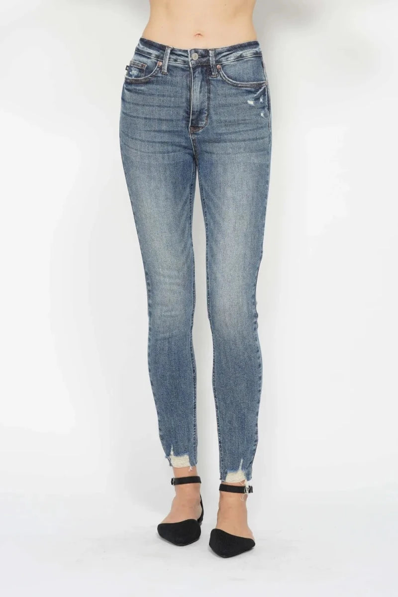 Judy Blue Plus Size Tummy Control Vintage Wash Distressed Skinny Jeans - AMVIM