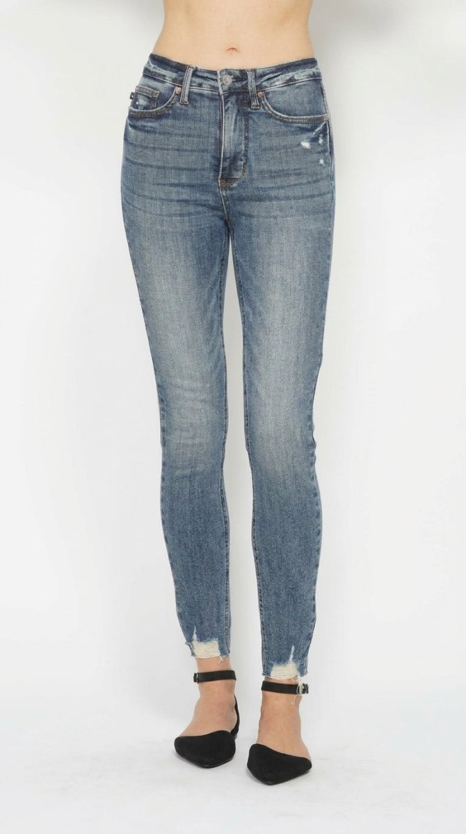 Judy Blue Plus Size Tummy Control Vintage Wash Distressed Skinny Jeans - AMVIM
