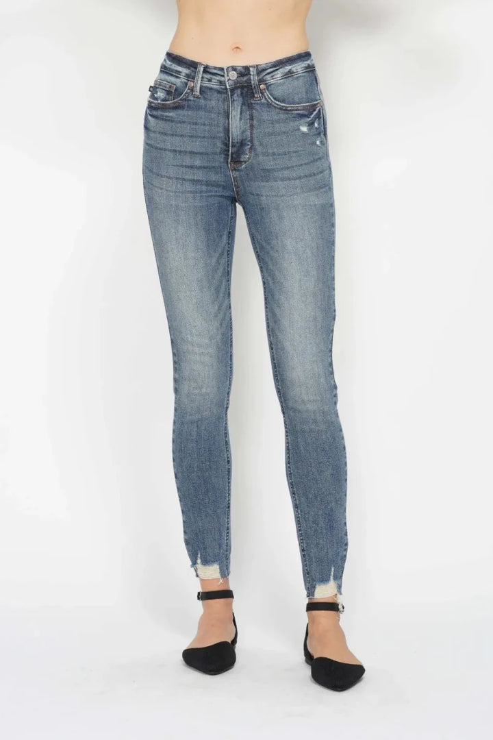 Judy Blue Plus Size Tummy Control Vintage Wash Distressed Skinny Jeans - AMVIM
