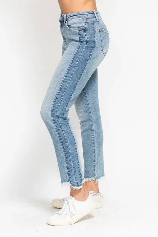 Judy Blue Plus Size Vintage Wash Slim Fit Jeans with Frayed Hem and Side Panel Detail - AMVIM