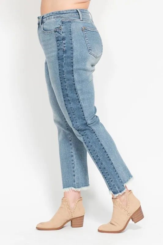 Judy Blue Plus Size Vintage Wash Slim Fit Jeans with Frayed Hem and Side Panel Detail - AMVIM