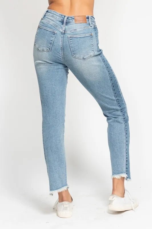 Judy Blue Plus Size Vintage Wash Slim Fit Jeans with Frayed Hem and Side Panel Detail - AMVIM