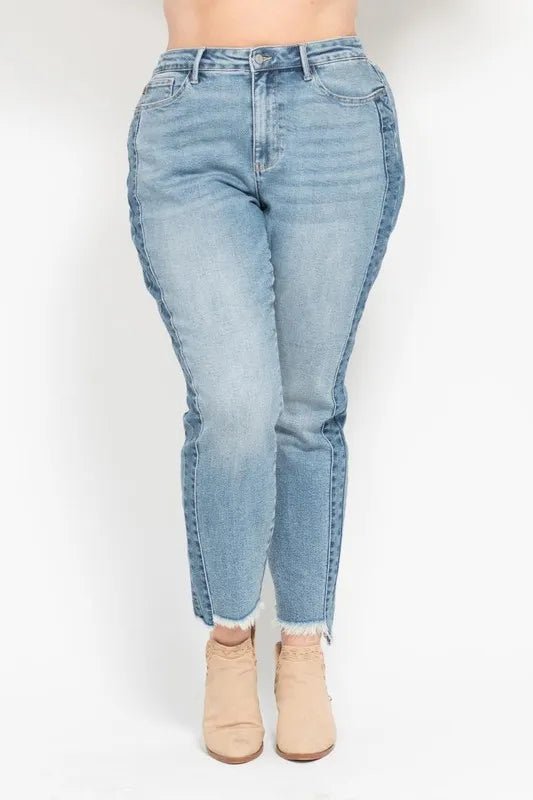 Judy Blue Plus Size Vintage Wash Slim Fit Jeans with Frayed Hem and Side Panel Detail - AMVIM