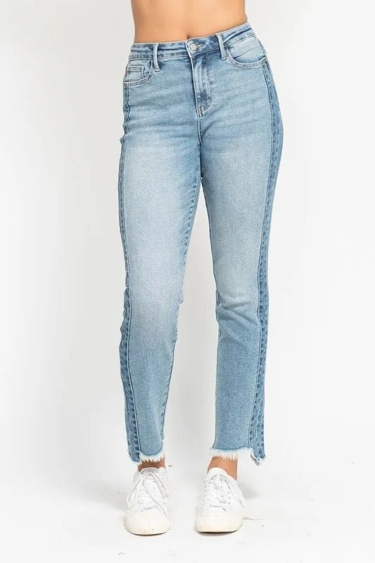 Judy Blue Plus Size Vintage Wash Slim Fit Jeans with Frayed Hem and Side Panel Detail - AMVIM