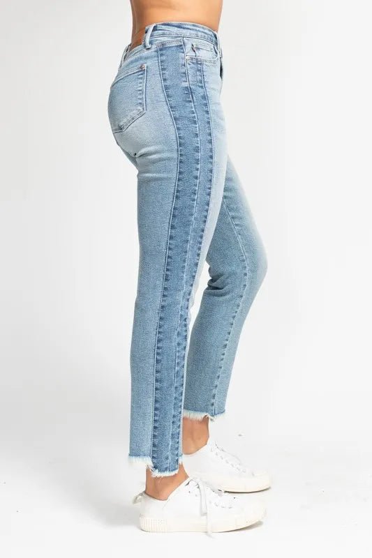 Judy Blue Plus Size Vintage Wash Slim Fit Jeans with Frayed Hem and Side Panel Detail - AMVIM