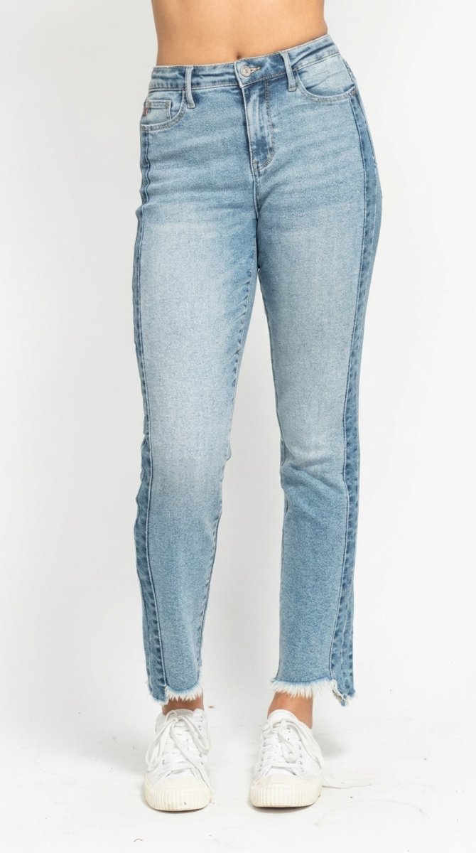 Judy Blue Plus Size Vintage Wash Slim Fit Jeans with Frayed Hem and Side Panel Detail - AMVIM