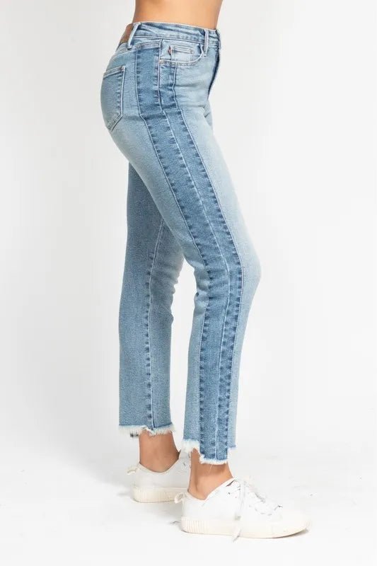 Judy Blue Plus Size Vintage Wash Slim Fit Jeans with Frayed Hem and Side Panel Detail - AMVIM
