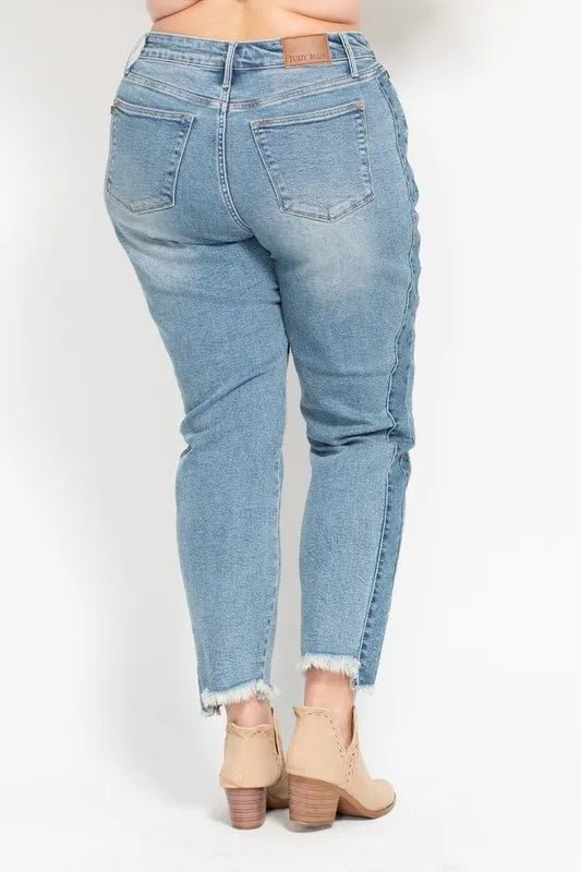 Judy Blue Plus Size Vintage Wash Slim Fit Jeans with Frayed Hem and Side Panel Detail - AMVIM