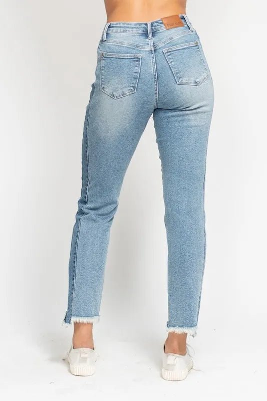 Judy Blue Plus Size Vintage Wash Slim Fit Jeans with Frayed Hem and Side Panel Detail - AMVIM