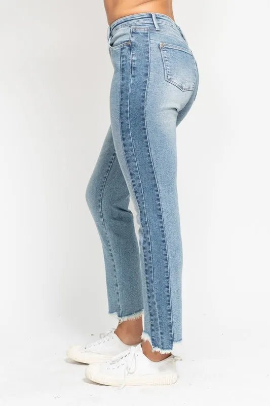 Judy Blue Plus Size Vintage Wash Slim Fit Jeans with Frayed Hem and Side Panel Detail - AMVIM