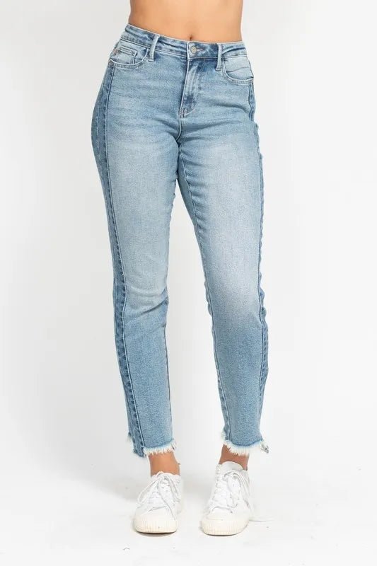 Judy Blue Plus Size Vintage Wash Slim Fit Jeans with Frayed Hem and Side Panel Detail - AMVIM