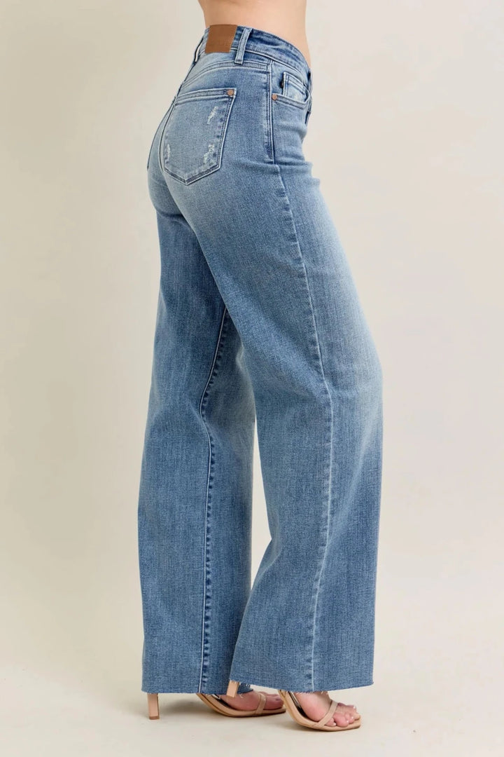 Judy Blue Plus Size Wide - Leg Denim Jeans - Mid Rise Medium Blue - AMVIM
