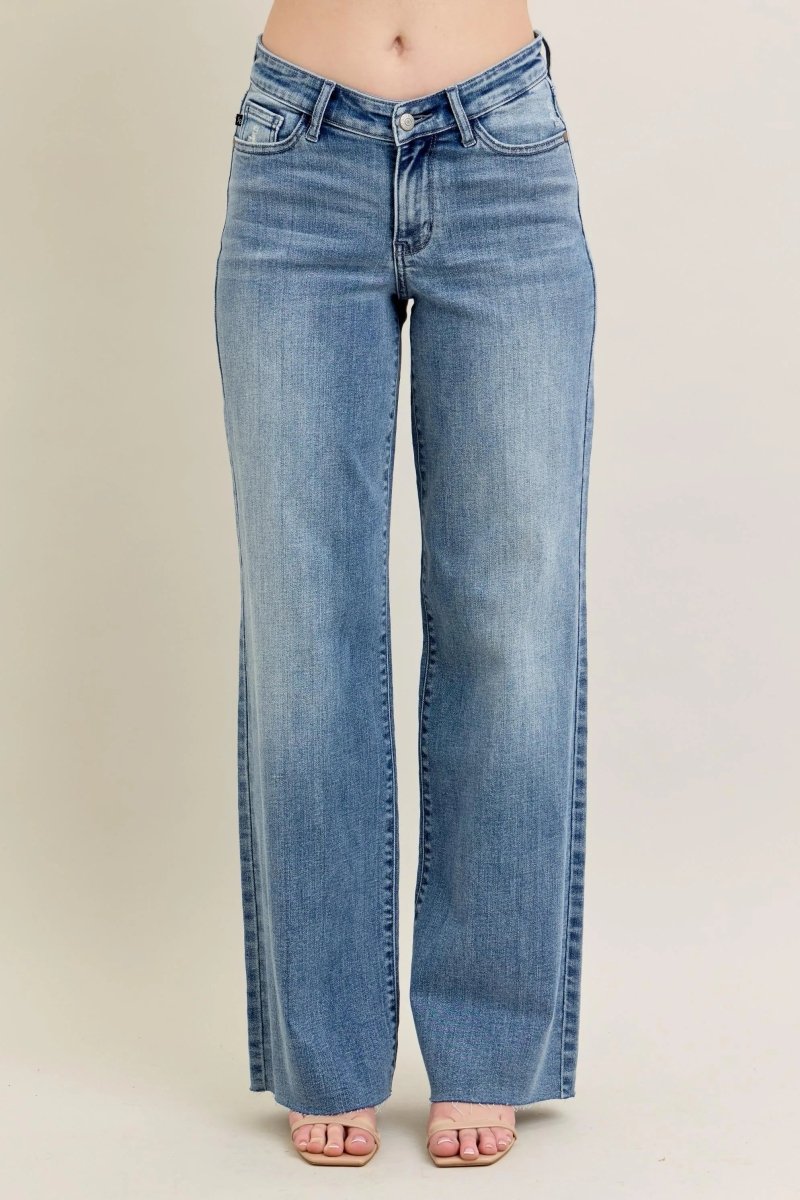 Judy Blue Plus Size Wide - Leg Denim Jeans - Mid Rise Medium Blue - AMVIM