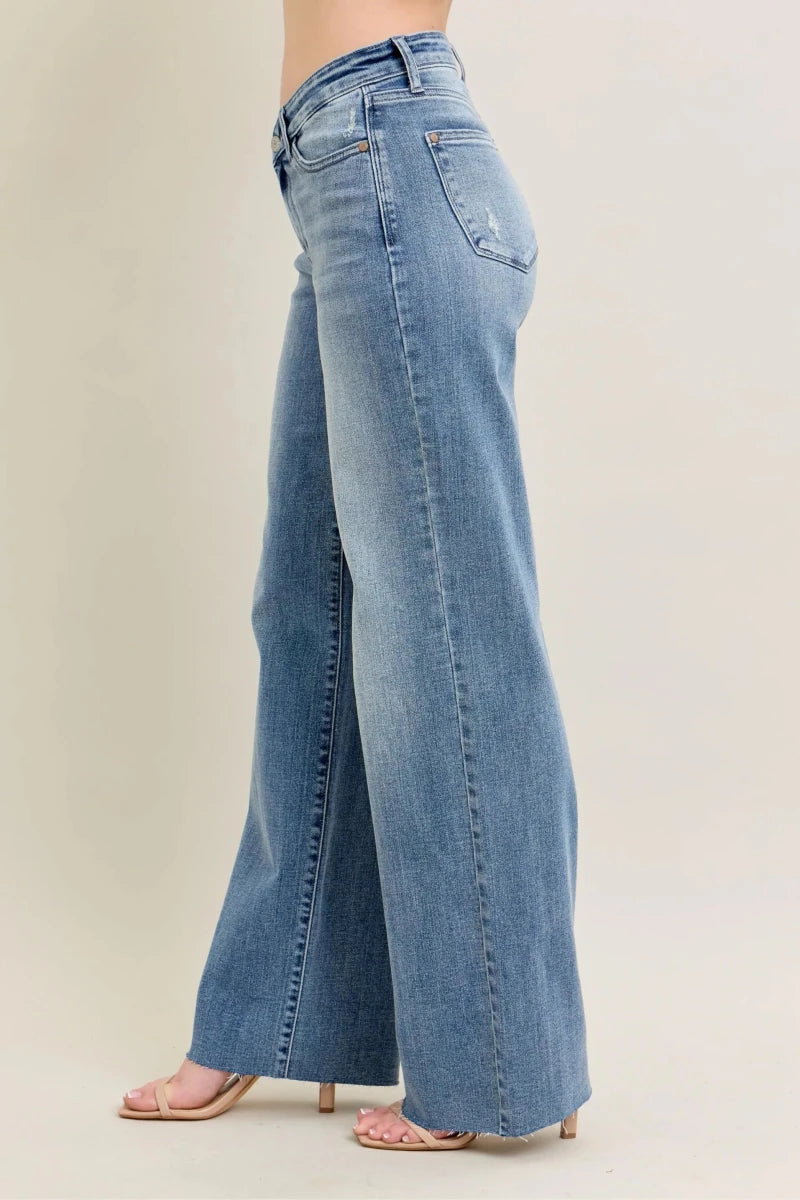 Judy Blue Plus Size Wide - Leg Denim Jeans - Mid Rise Medium Blue - AMVIM