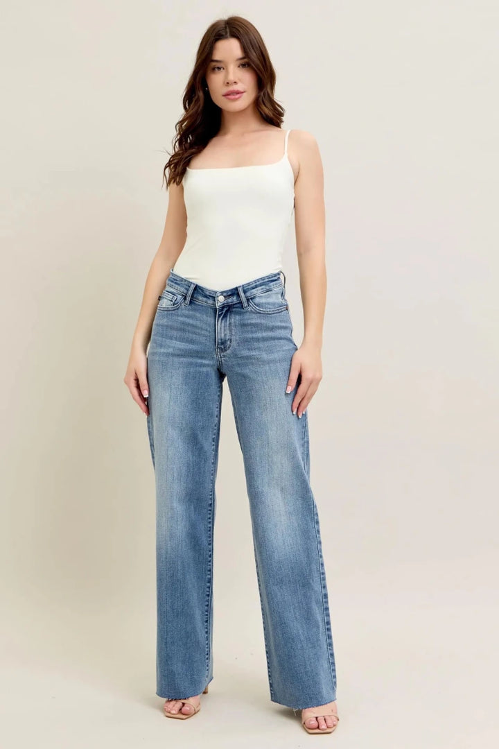 Judy Blue Plus Size Wide - Leg Denim Jeans - Mid Rise Medium Blue - AMVIM