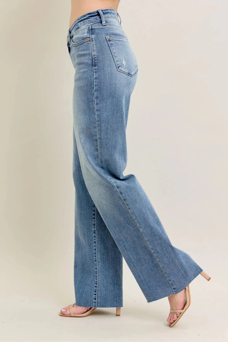 Judy Blue Plus Size Wide - Leg Denim Jeans - Mid Rise Medium Blue - AMVIM