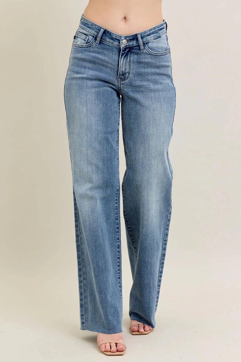 Judy Blue Plus Size Wide - Leg Denim Jeans - Mid Rise Medium Blue - AMVIM