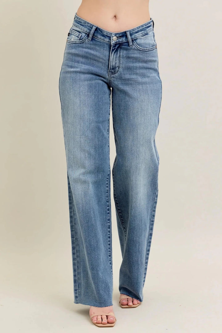 Judy Blue Plus Size Wide - Leg Denim Jeans - Mid Rise Medium Blue - AMVIM