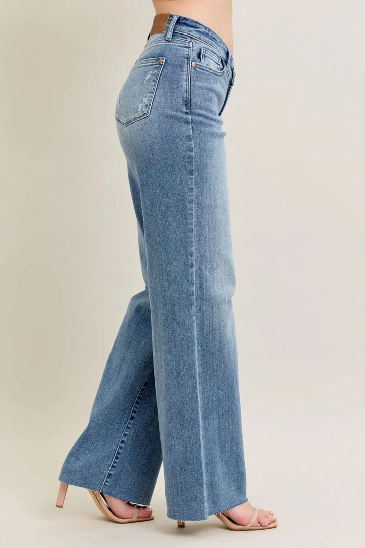 Judy Blue Plus Size Wide - Leg Denim Jeans - Mid Rise Medium Blue - AMVIM