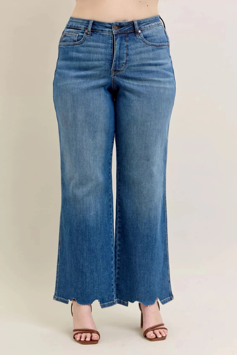Judy Blue Tummy Control Wide - Leg Jeans - High Waist Medium Blue - AMVIM