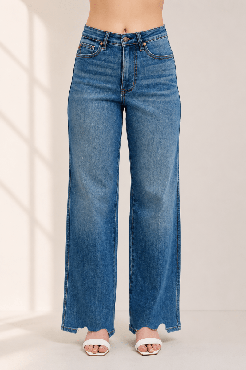 Judy Blue Tummy Control Wide-Leg Jeans - High Waist Medium Blue - AMVIM