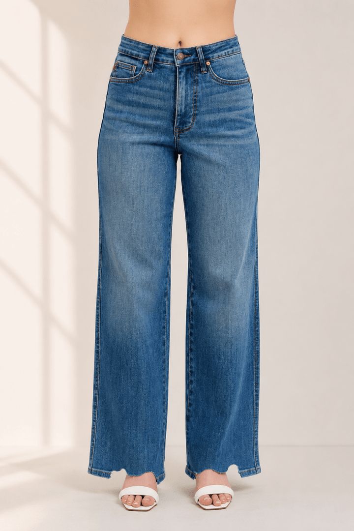 Judy Blue Tummy Control Wide-Leg Jeans - High Waist Medium Blue - AMVIM