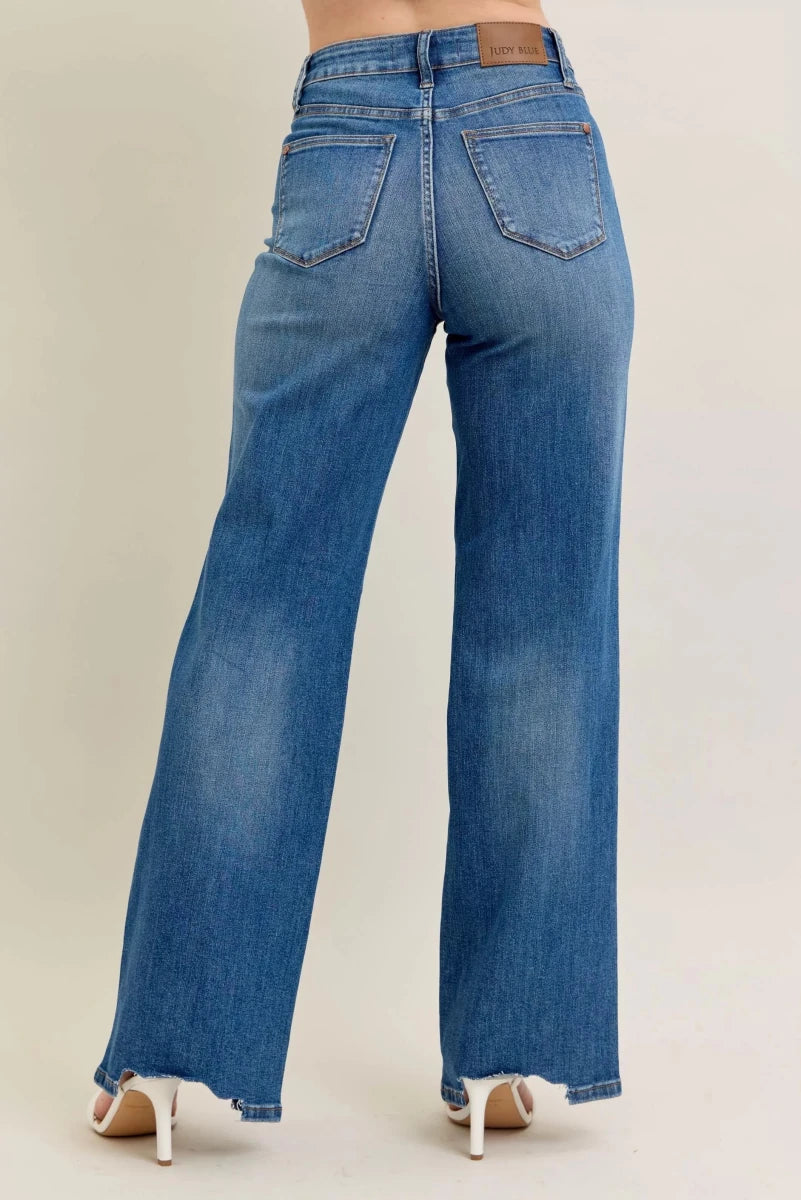 Judy Blue Tummy Control Wide - Leg Jeans - High Waist Medium Blue - AMVIM