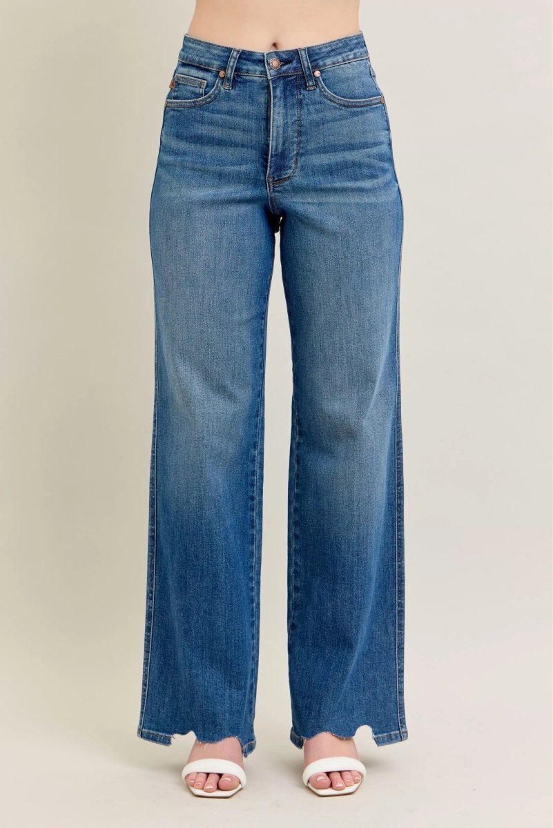 Judy Blue Tummy Control Wide - Leg Jeans - High Waist Medium Blue - AMVIM