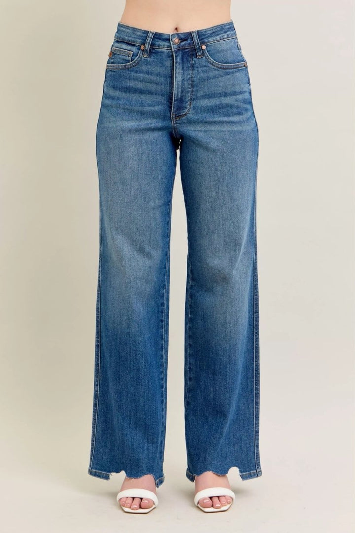 Judy Blue Tummy Control Wide - Leg Jeans - High Waist Medium Blue - AMVIM