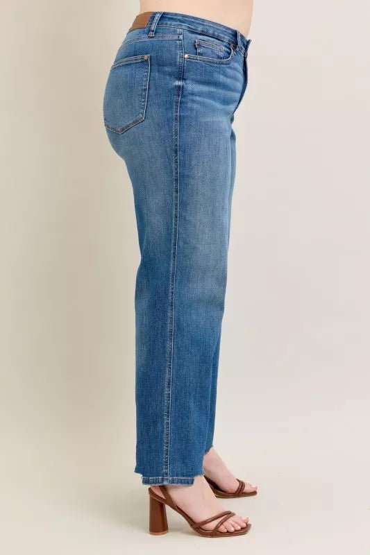 Judy Blue Tummy Control Wide - Leg Jeans - High Waist Medium Blue - AMVIM
