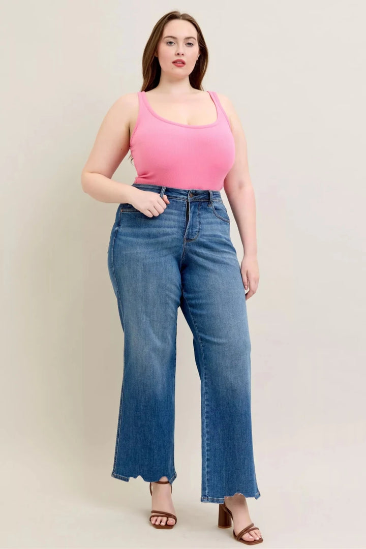 Judy Blue Tummy Control Wide - Leg Jeans - High Waist Medium Blue - AMVIM